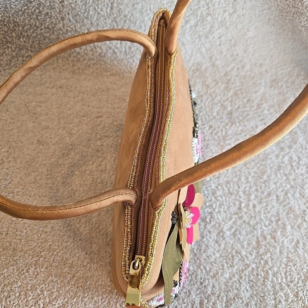 C. Marie Beaded Purse Handbag‎ Brown Suede Floral Design Boho Colorful